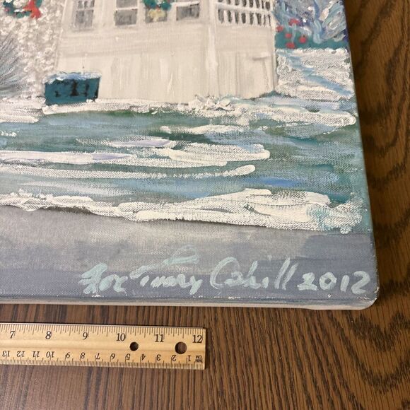 Original Signed Christmas Architecture Painting Snowy Starry Winter Sky - Picture 2 of 10